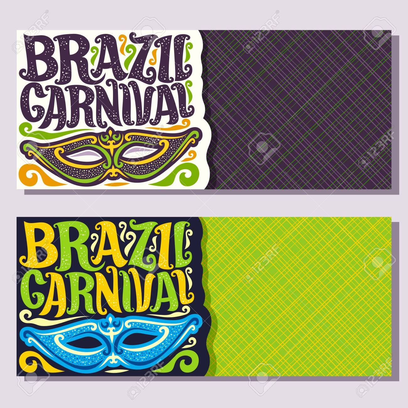 ブラジルのカーニバルのバナーをベクトル 招待チケット紫ブラジル マスク 緑 カラフルなのぼり祭り本文ブラジルのカーニバルのオリジナル フォント リオ デ ジャネイロのサンバ カーニバルのためのレイアウトのイラスト素材 ベクタ Image