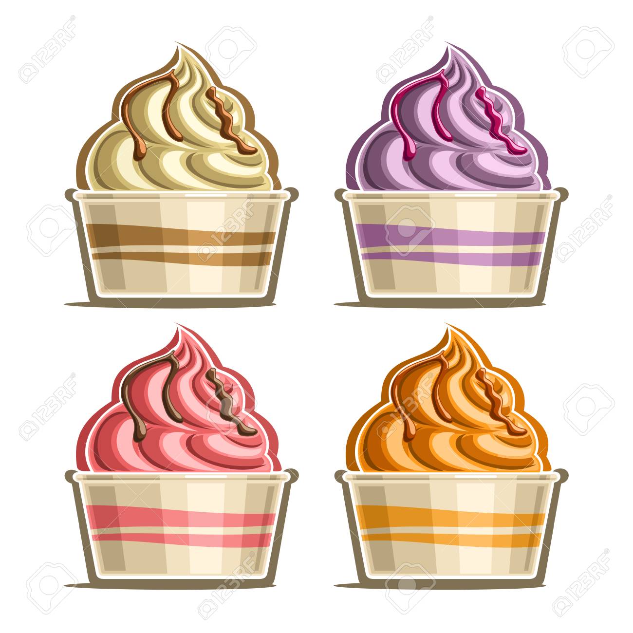 Vector Set Of Ice Cream In Paper Cup, Variety Soft Serve Sundae In  Cardboard Tub Box For Menu Cafe Takeaway, Icons Of Italian Fruit Swirl Ice  Cream, Vegan Frozen Twisted Dessert In, image size:1300x1300