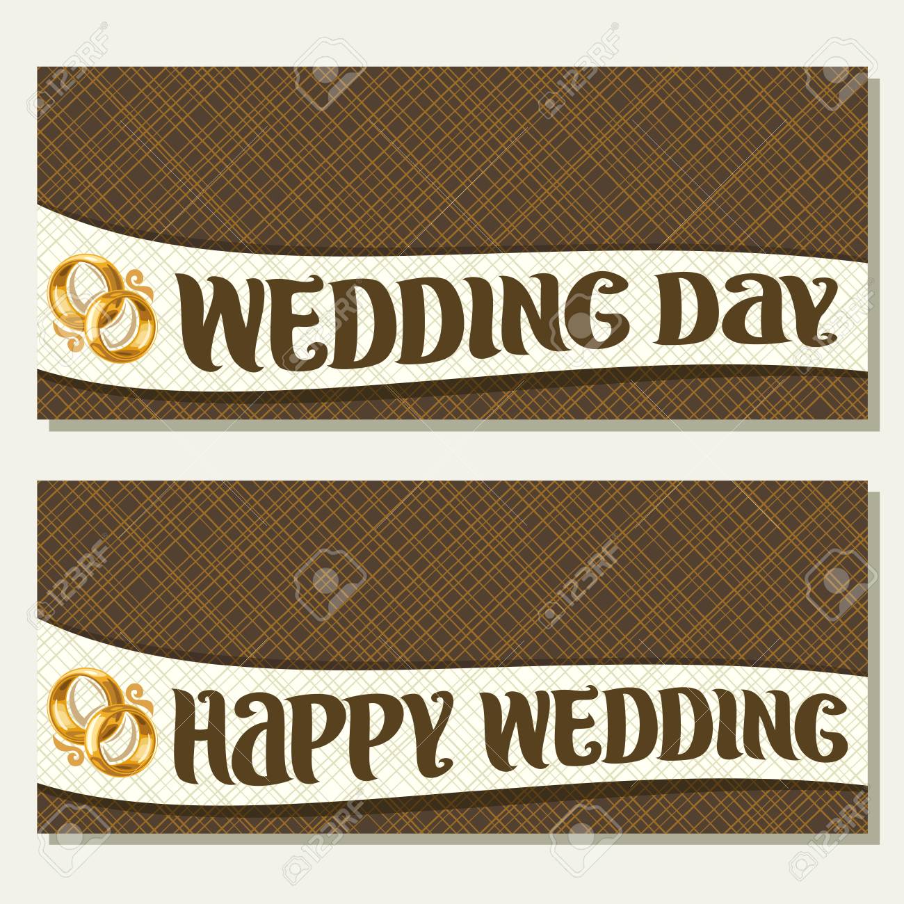 コピースペースを持つベクトル結婚式の招待状 テンプレートは 抽象的な背景に幸せな結婚式 の日と黄金の婚約指輪のペアを願って挨拶のためのオリジナルの手書きブラシフォントでカードを招待しますのイラスト素材 ベクタ Image