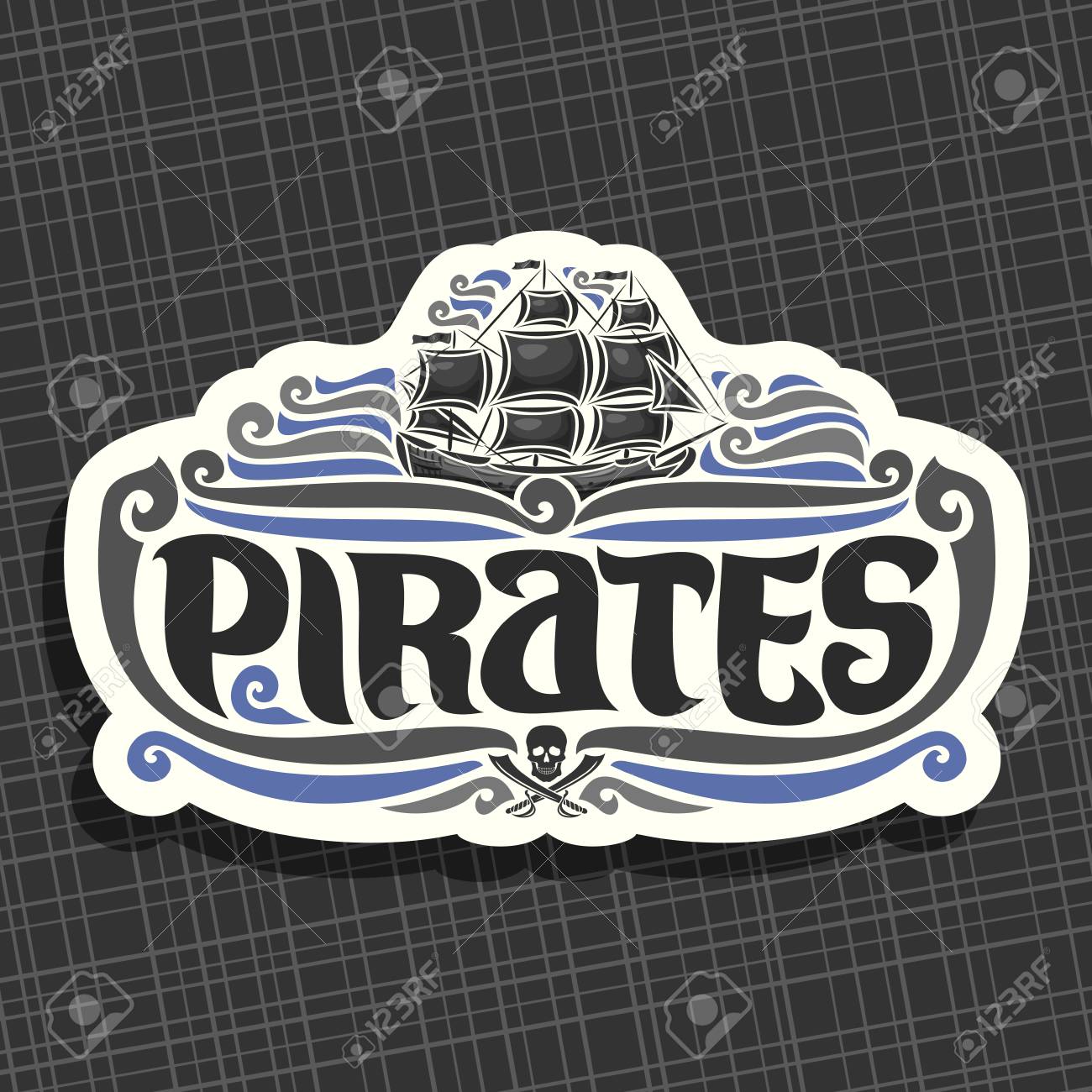 パイレーツのテーマ カリブ海の海の波に航海黒い帆と古い船のためのベクターロゴ のイラスト素材 ベクタ Image