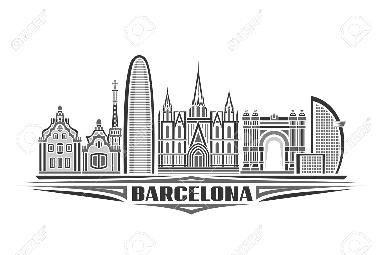Vector Illustration Of Barcelona, Monochrome Horizontal Poster With Linear Design  Barcelona City Scape, Urban Line Art Concept With Decorative Lettering For  Black Word Barcelona On White Background Royalty Free SVG, Cliparts,  Vectors,, image size:1300x867