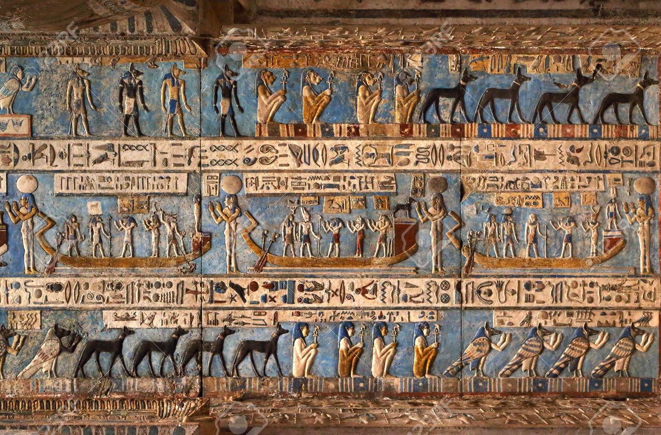 Hieroglyphic carvings and paintings on the interior walls of an ancient egyptian temple in Dendera - 40053702 Hieroglyphic carvings and paintings on the interior walls of an ancient egyptian temple in Dendera - 40053702
