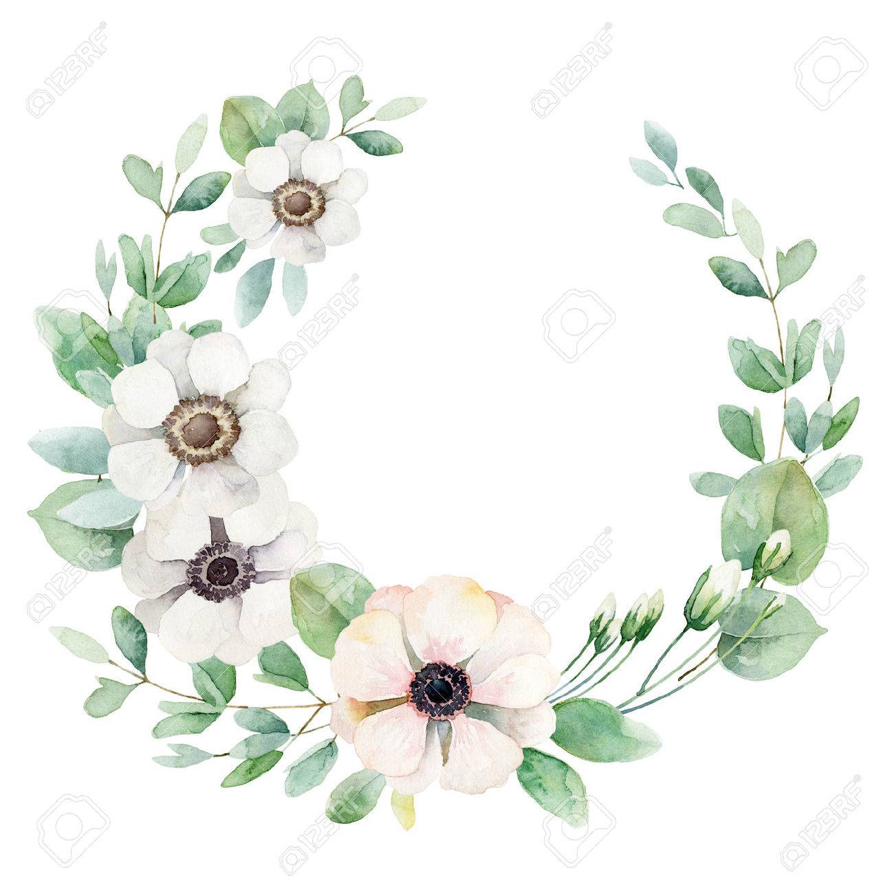 Round composition with white and pink anemones isolated on white background. Watercolor illustration - 57501532 Round composition with white and pink anemones isolated on white background. Watercolor illustration - 57501532
