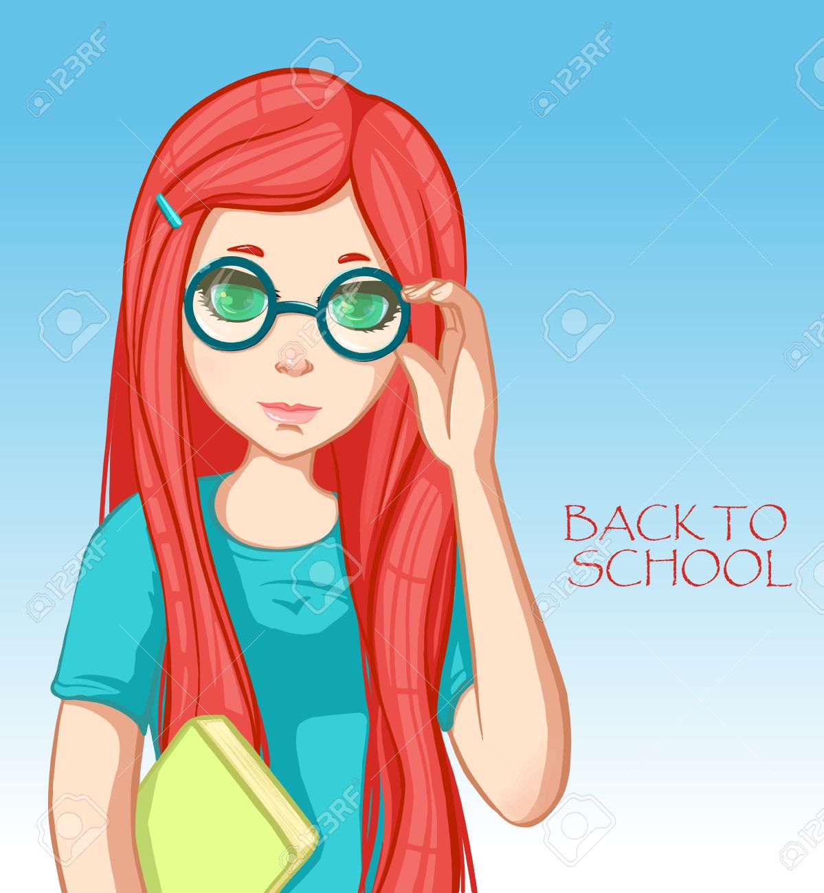 本と赤い髪の少女 漫画のキャラクター 学校に戻る のイラスト素材 ベクタ Image
