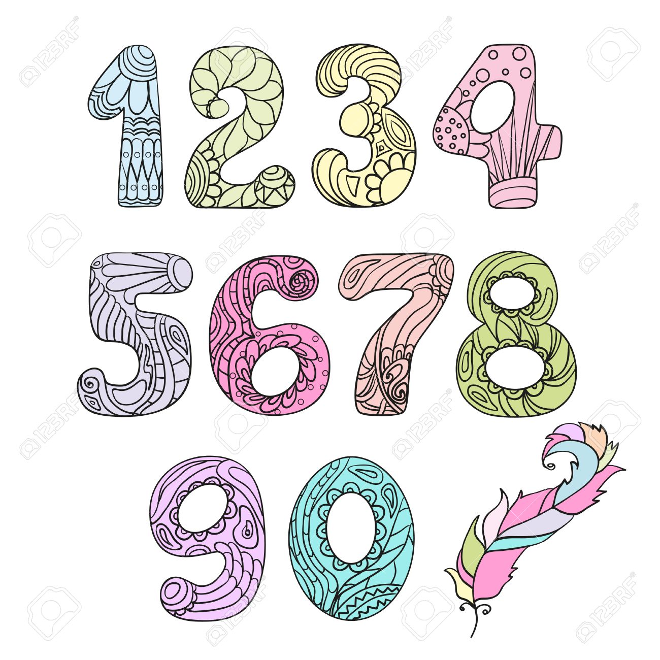 番号 禅芸術 アルファベット 手は 分離で羽と数字を描画します 大人のための精神的なリラクゼーションのためのデザイン ライン アートの作成 色のセットのイラスト素材 ベクタ Image