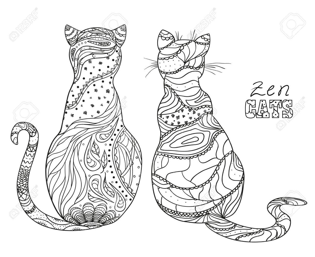 禅の猫 Zentangle をデザインします 手は 分離の背景に抽象的なパターンを持つ猫を描いた 大人のための精神的なリラクゼーションのためのデザイン 着色の黒と白のイラスト 禅の美術のイラスト素材 ベクタ Image