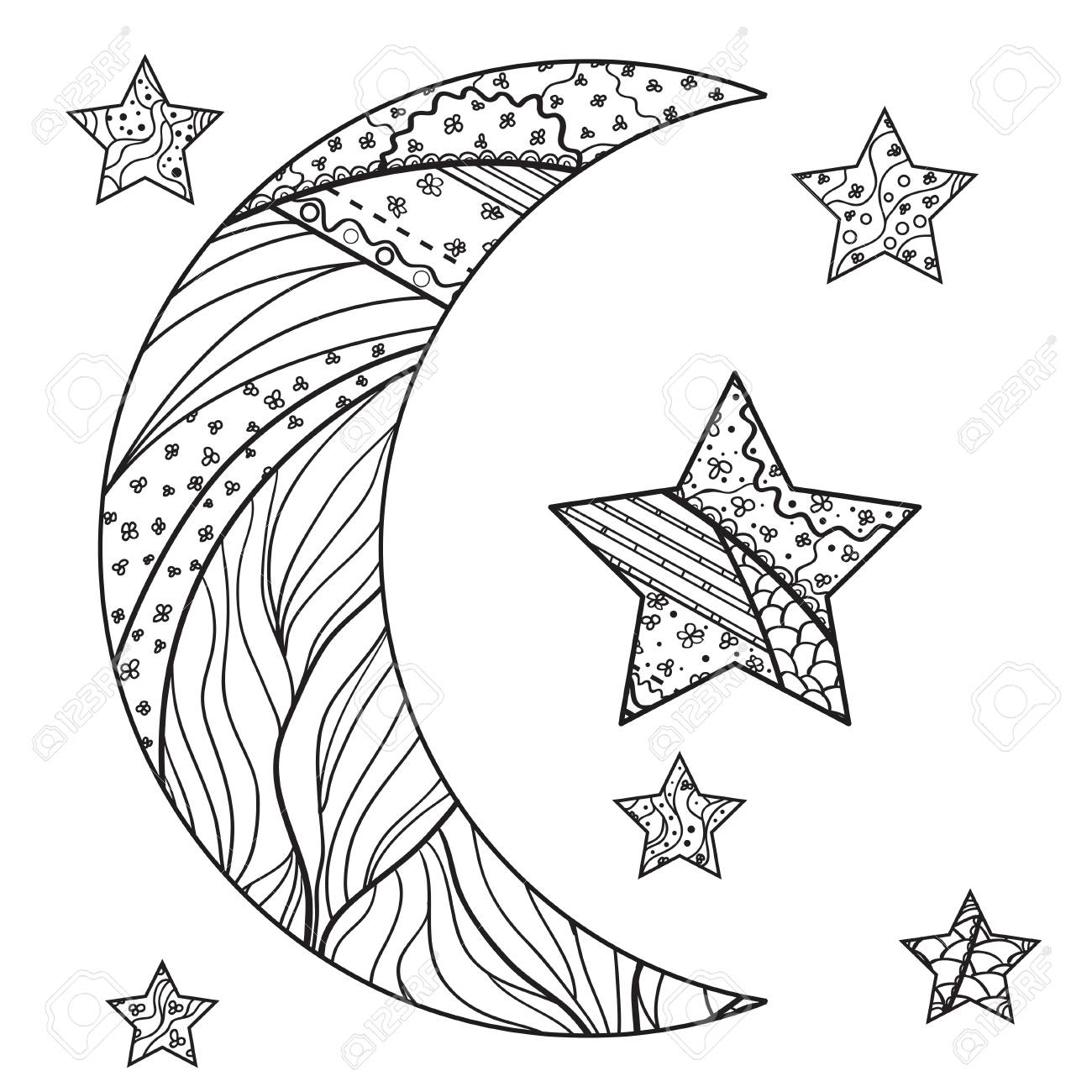 Zentangle Lune Et étoile Avec Des Motifs Abstraits Sur Fond Disolement Concevoir Pour La Relaxation Spirituelle Pour Les Adultes Création Dart De