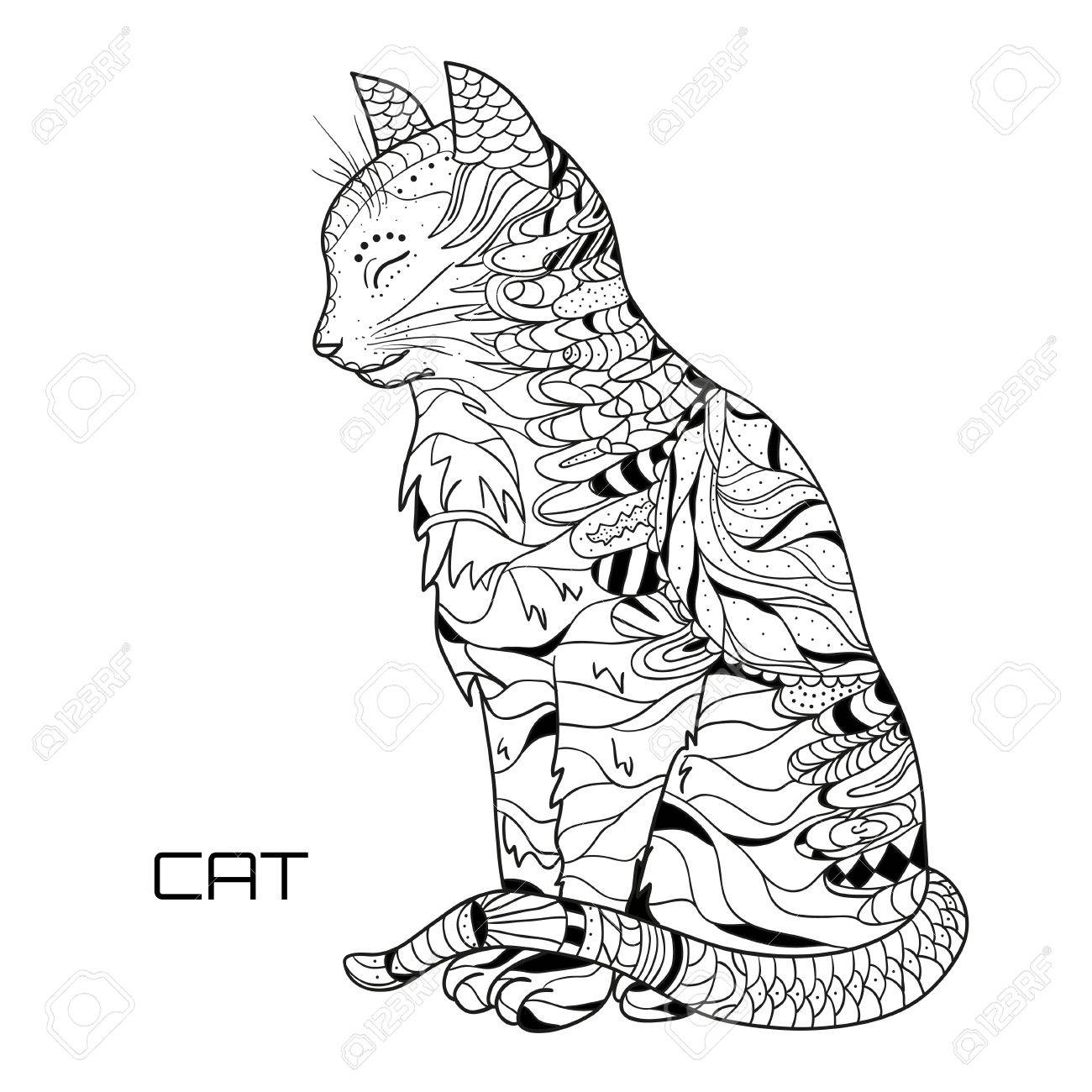 Cat. Zentangle. Hand drawn cat with abstract patterns on isolation background. Design for spiritual relaxation for adults. Black and white illustration for coloring. Zen art. Outline for t-shirts - 84624025 Cat. Zentangle. Hand drawn cat with abstract patterns on isolation background. Design for spiritual relaxation for adults. Black and white illustration for coloring. Zen art. Outline for t-shirts - 84624025