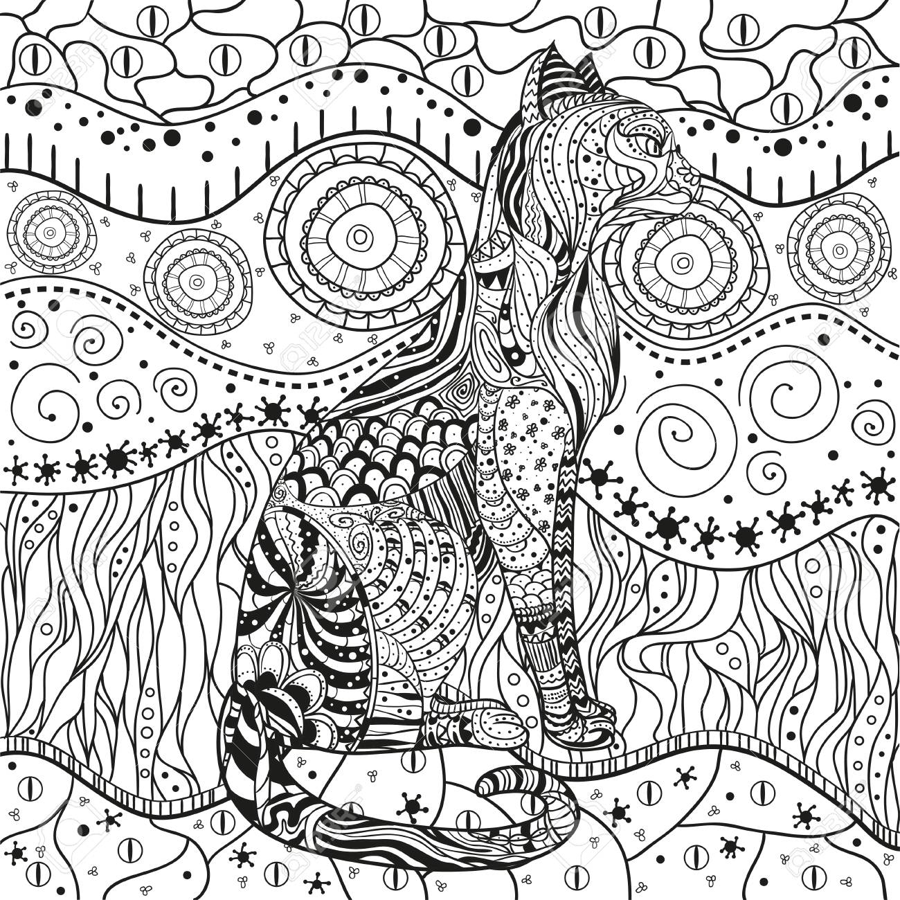 Chat Mandala Motif Oriental Zendala De Cercle Dessine Main Avec Des Motifs Abstraits Sur Fond D Isolement Concevoir Pour La Relaxation Spirituelle Pour Les Adultes Illustration En Noir Et Blanc A Colorier Art
