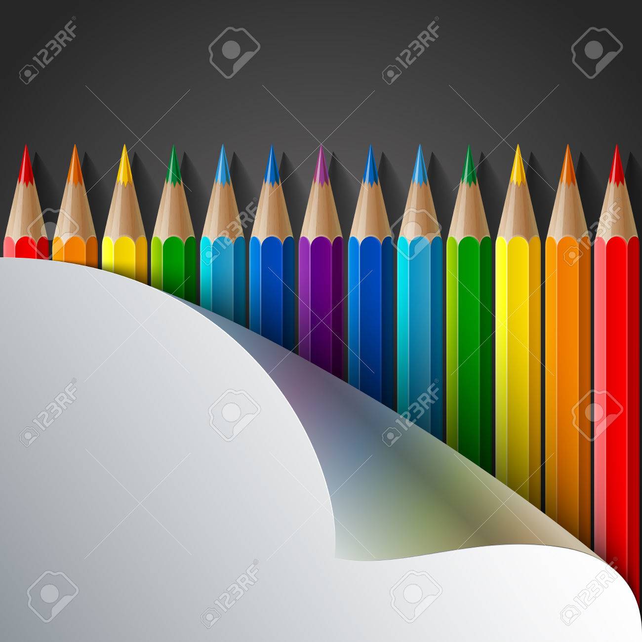 虹色の鉛筆と現実的なホワイト ペーパーに暗い灰色の背景のコーナー Rgb Eps 10 ベクトル図のイラスト素材 ベクタ Image