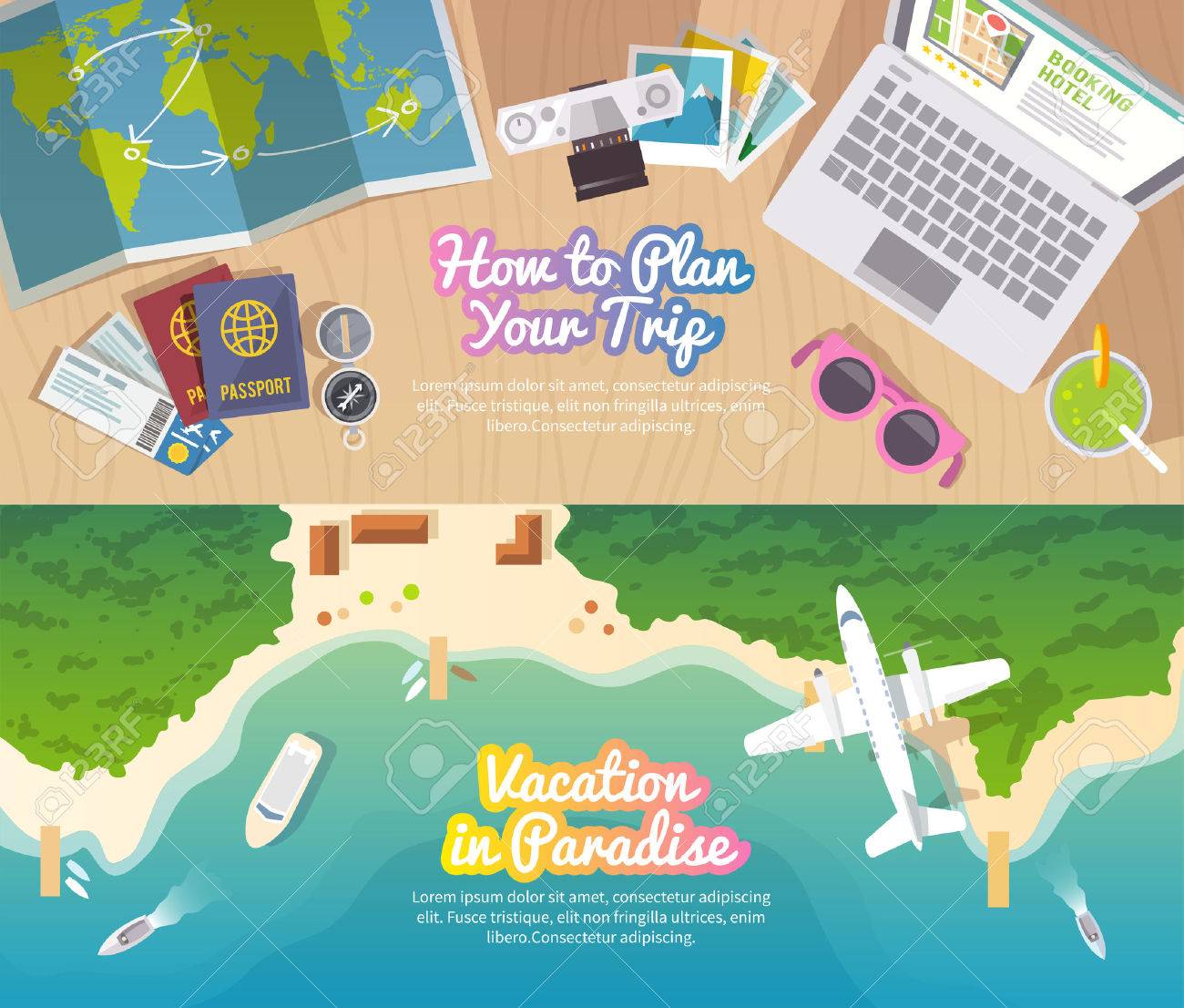 Colourful travel vector flat banner set for your business, web sites etc. Quality design illustrations, elements and concept. Trip plan. Vacation in Paradise. Top view. - 50303894 Colourful travel vector flat banner set for your business, web sites etc. Quality design illustrations, elements and concept. Trip plan. Vacation in Paradise. Top view. - 50303894