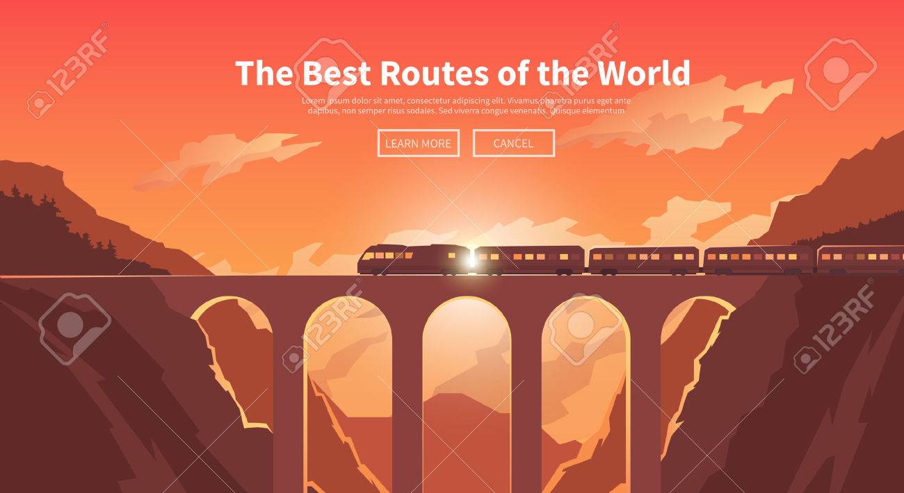 Flat vector web banner on the theme of travel by train, high speed train, vacation, mountain landscape, railway, adventure. Sunset sky. The bridge, mountain railway. Stylish modern flat design. - 50592476 Flat vector web banner on the theme of travel by train, high speed train, vacation, mountain landscape, railway, adventure. Sunset sky. The bridge, mountain railway. Stylish modern flat design. - 50592476