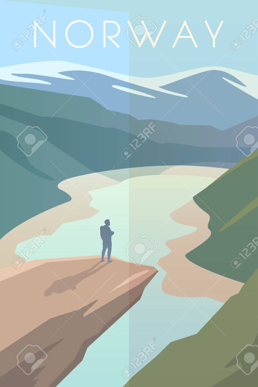 ベクトルのレトロなポスター Trolltunga 男は 空を見る ノルウェーの自然 旅行のポスター フラットなデザイン のイラスト素材 ベクタ Image