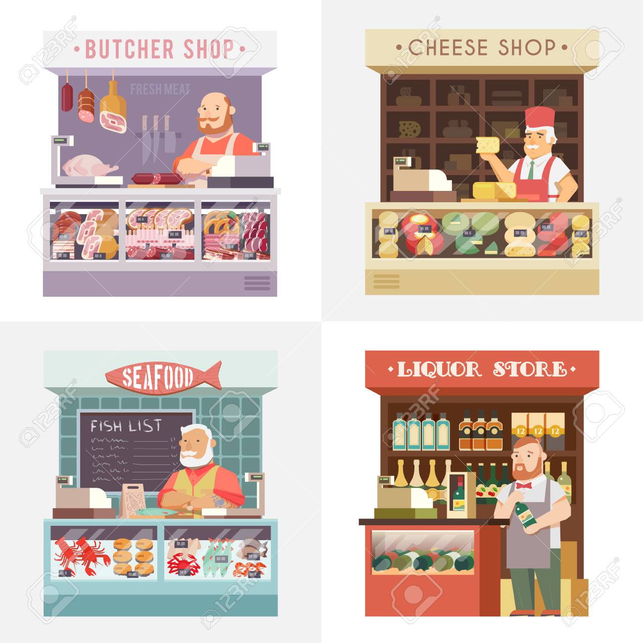 ベクター フラット画像を設定します 肉を保存します チーズ専門店 シーフードを店します 酒屋 のイラスト素材 ベクタ Image