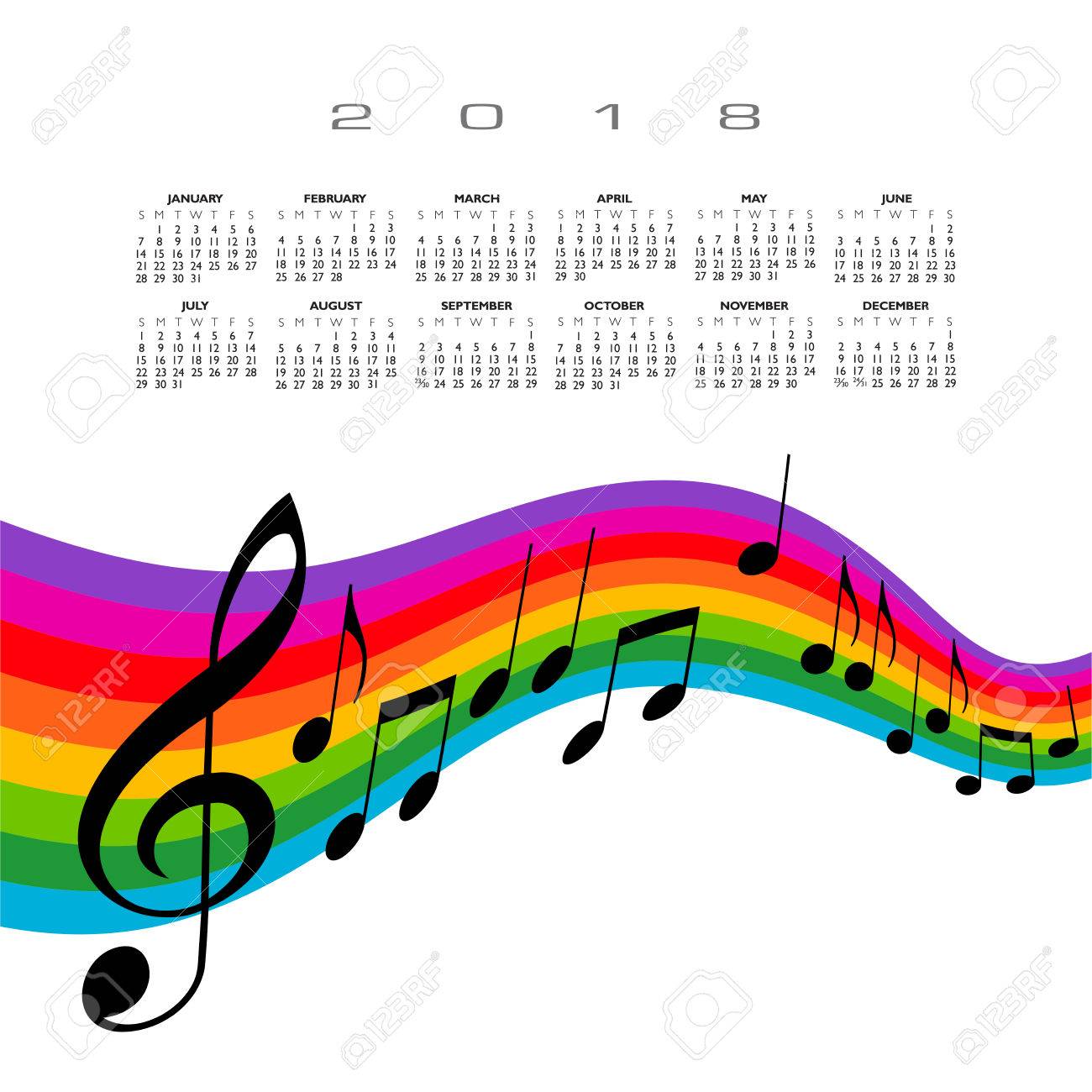 虹の音楽と 18年カレンダー のイラスト素材 ベクタ Image