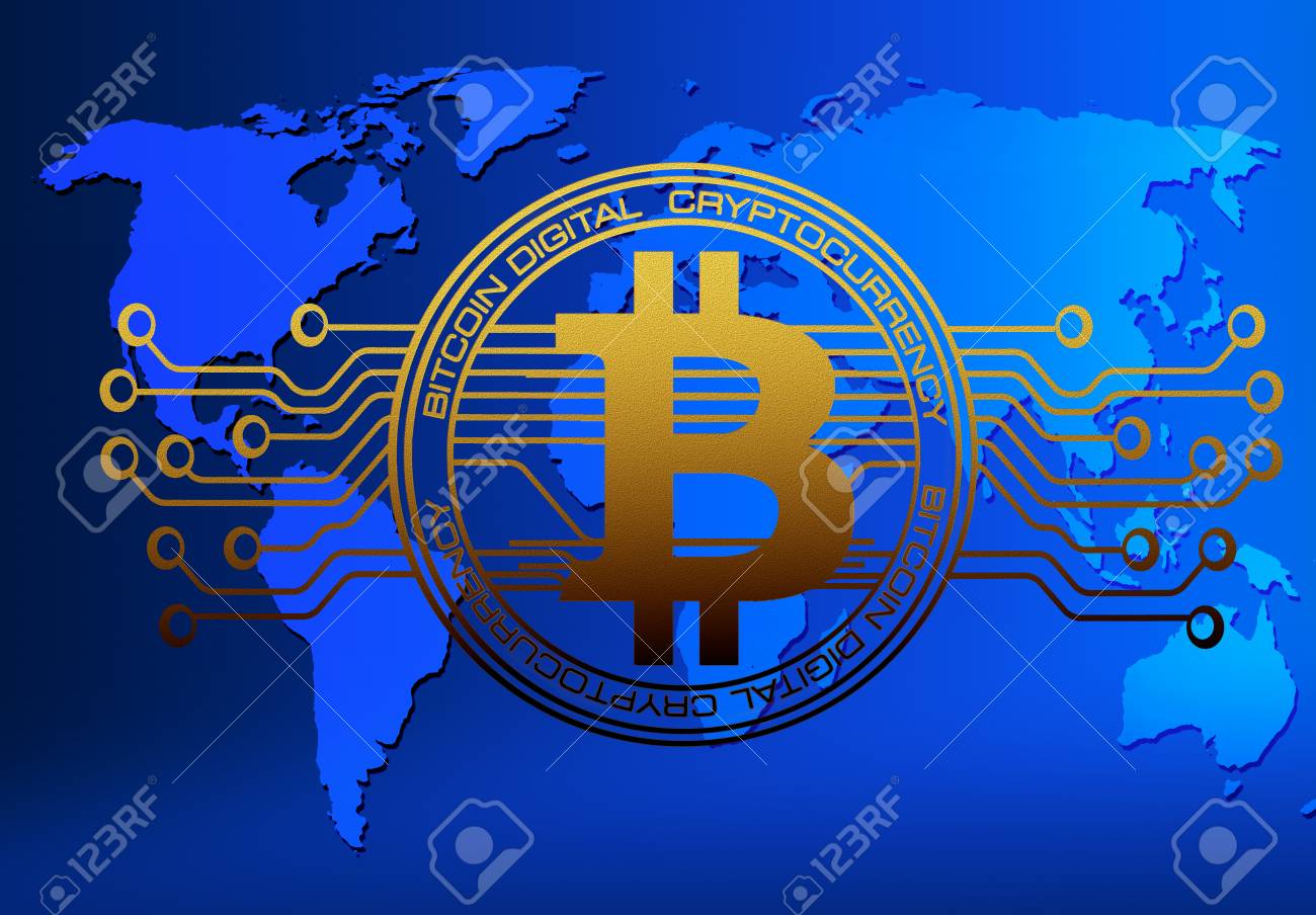 Abstract Technology Bitcoins Logo With Circuit Line On World Map,blue  Technology Background Stock Photo, Picture and Royalty Free Image. Image  96400943.