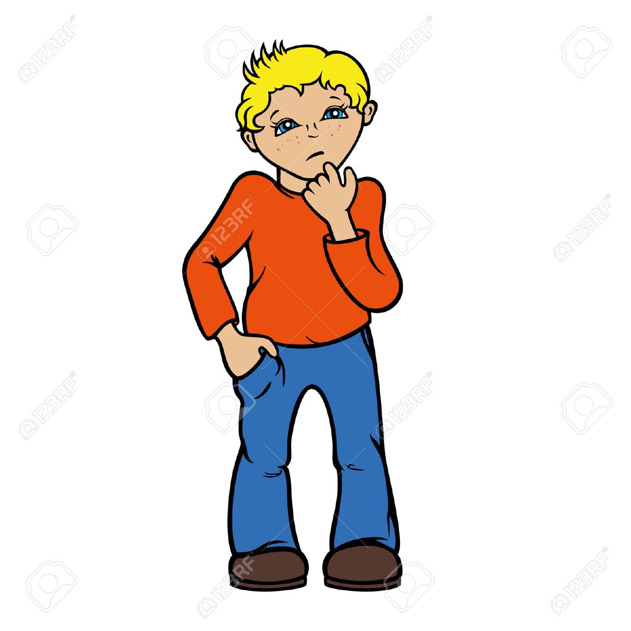illustration a cartoon boy with freckles he is thinking about