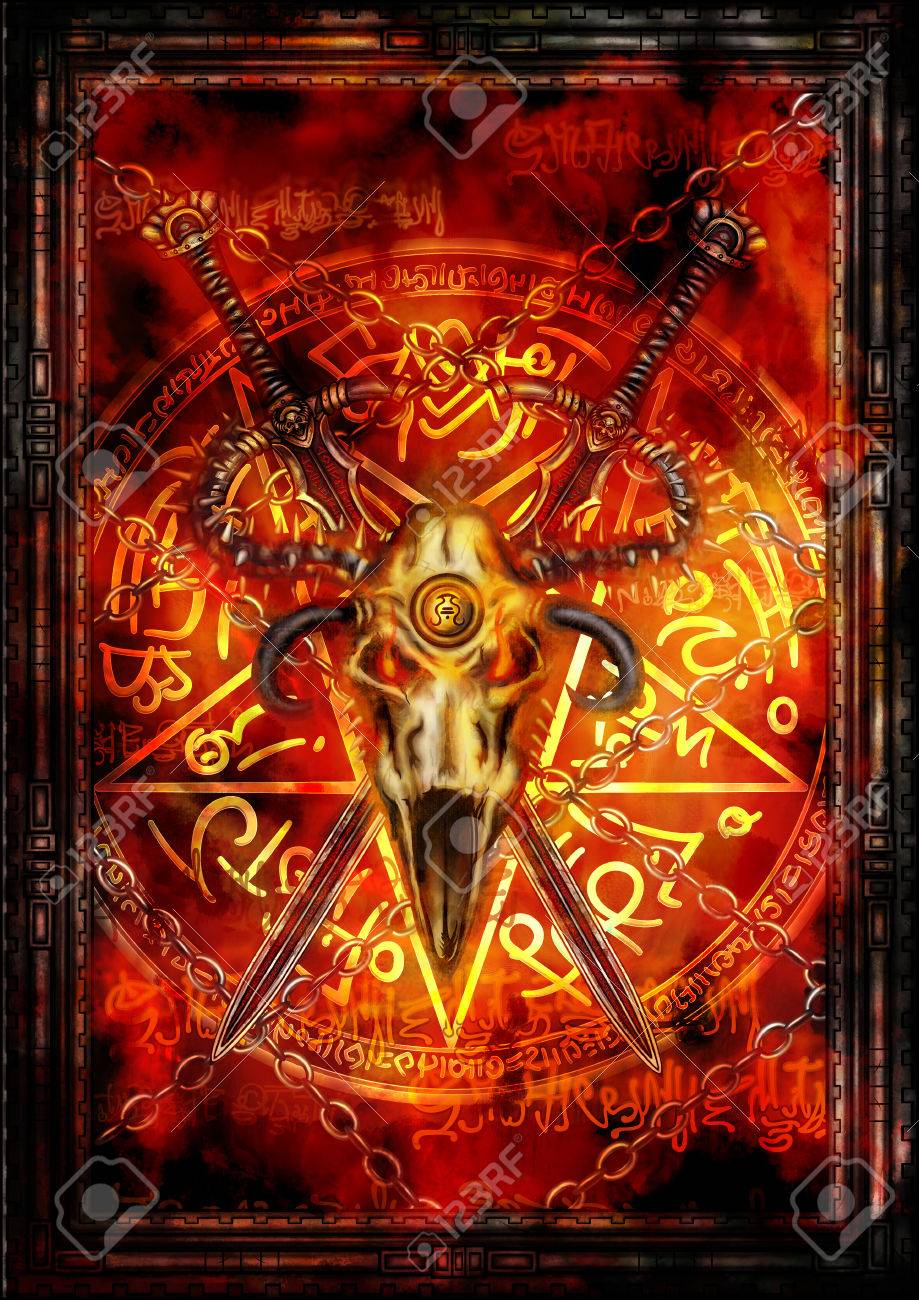 Illustration fantasy composition with swords, demonic skull, pentagram and fire background - 52376544 Illustration fantasy composition with swords, demonic skull, pentagram and fire background - 52376544