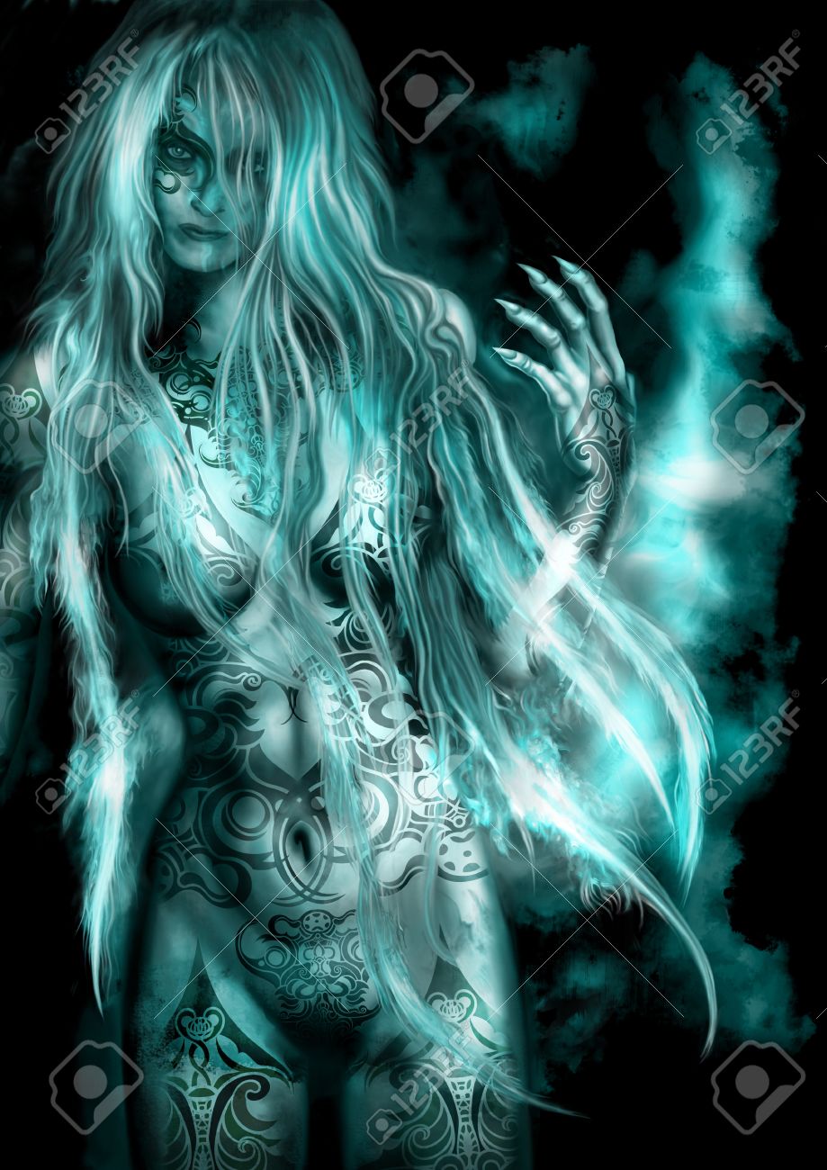 Illustration Naked Fantasy Woman With Bizarre Tattoo And Long Shiny Hairs  On The Mist Background Stock Photo, Picture and Royalty Free Image. Image  53105537.