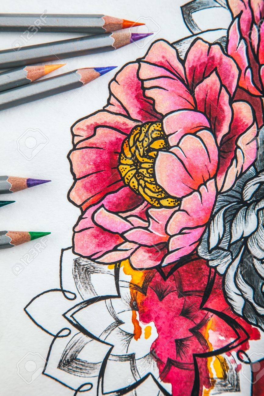 Schone Skizze Zeichnung Blumen Mit Buntstiften Auf Alten Holzernen Hintergrund Liegen Lizenzfreie Fotos Bilder Und Stock Fotografie Image 62495824