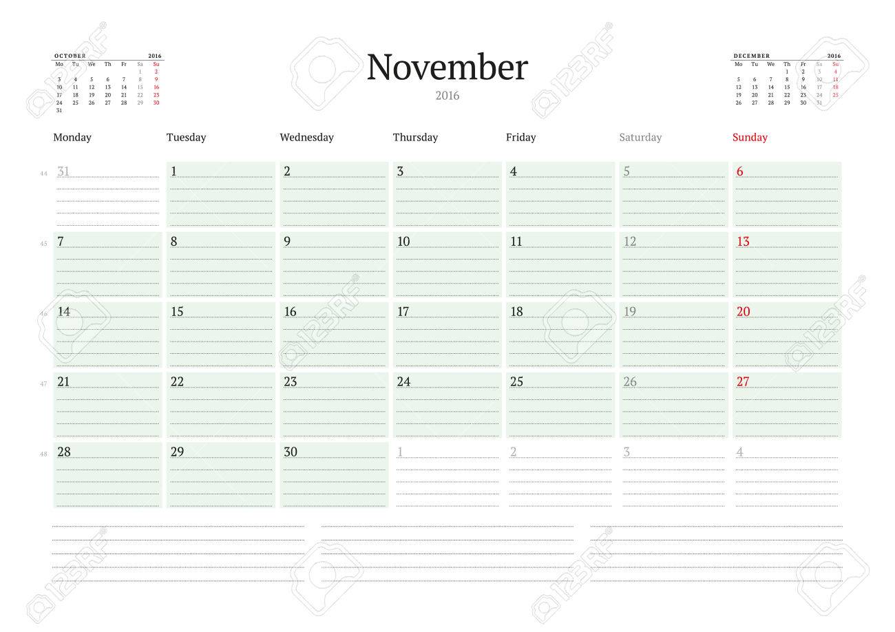 monthly calendar planner 2016 vector print template november
