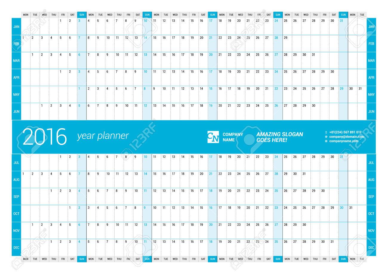 青いカレンダー プランナー 16 年 ベクター デザインの印刷テンプレートです 月曜始まり のイラスト素材 ベクタ Image