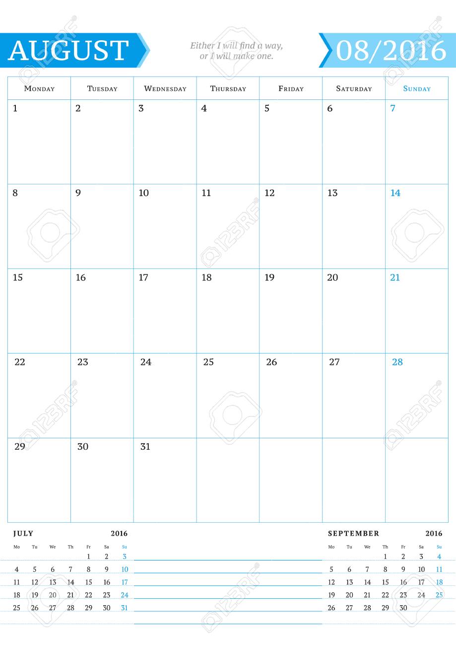 august 2016 monthly calendar planner for 2016 year vector design