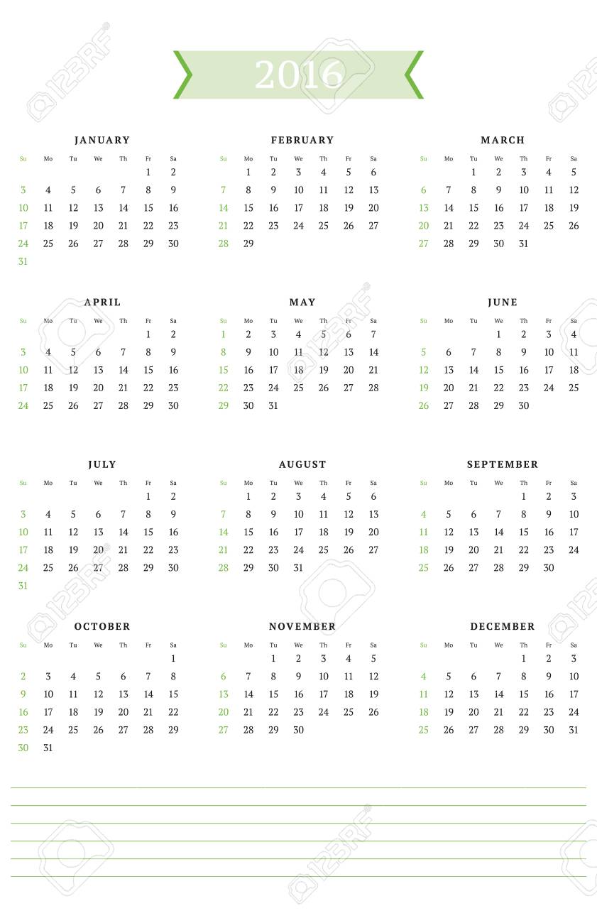 16 年のカレンダーです ベクター デザインの印刷テンプレートです 週は日曜日から開始します 縦向き のイラスト素材 ベクタ Image