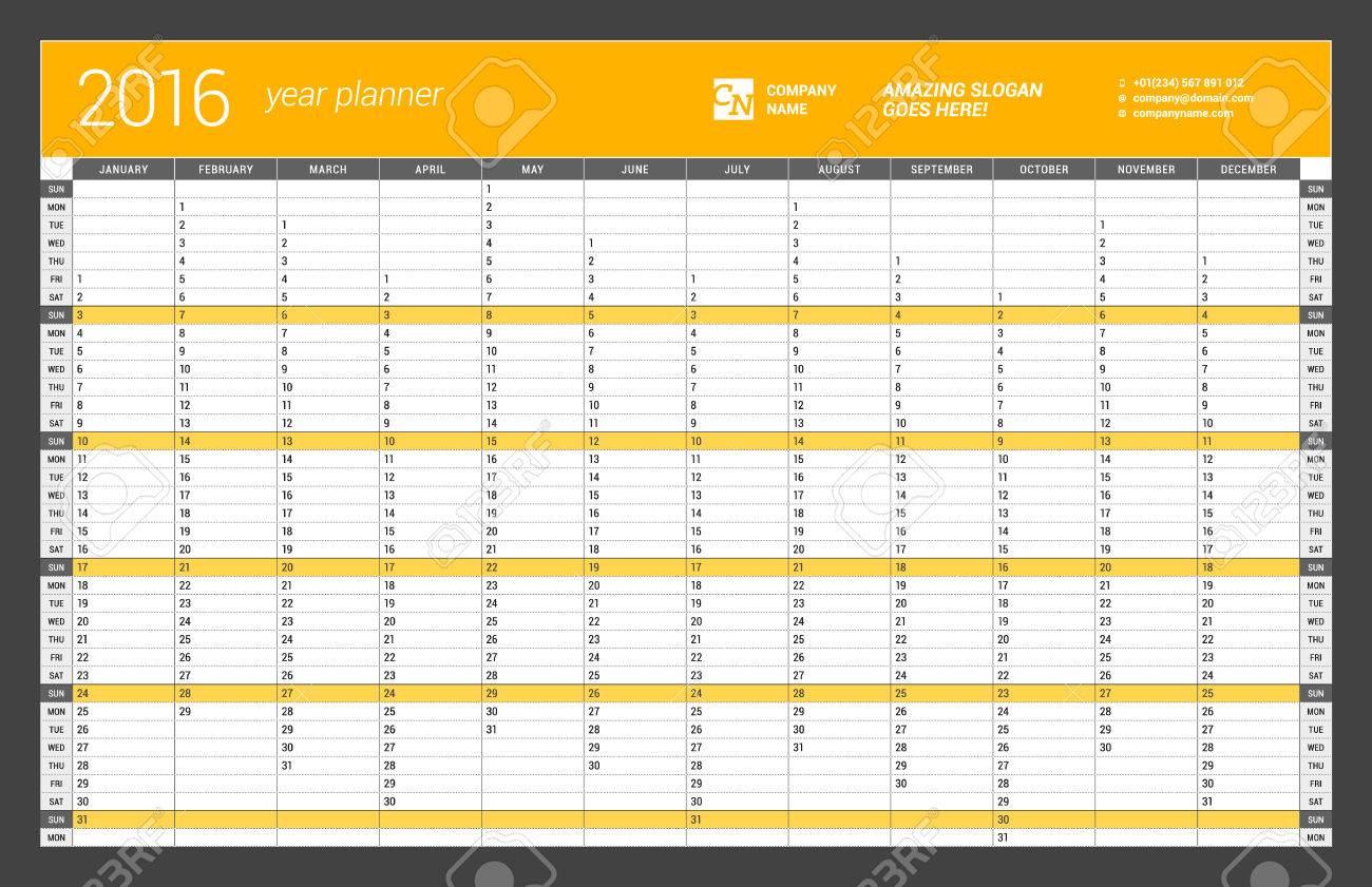 vector yearly wall calendar planner template for 2016 year vector design print template week starts sunday