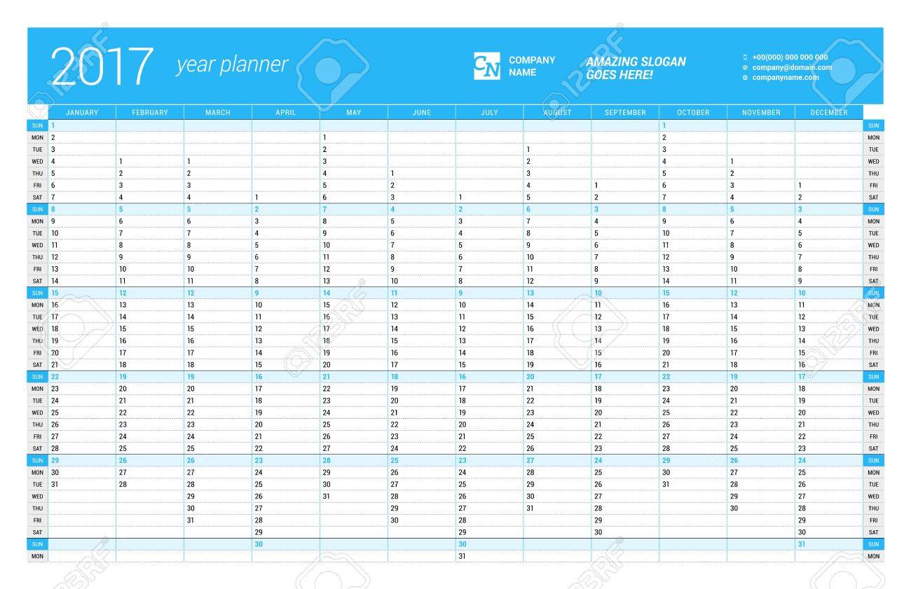 yearly wall calendar planner template for 2017 year vector design