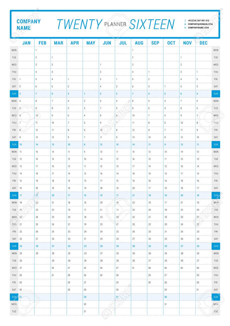 16 年の年間壁カレンダー プランナー テンプレートベクター デザインの印刷テンプレートです 月曜始まり 縦向き のイラスト素材 ベクタ Image