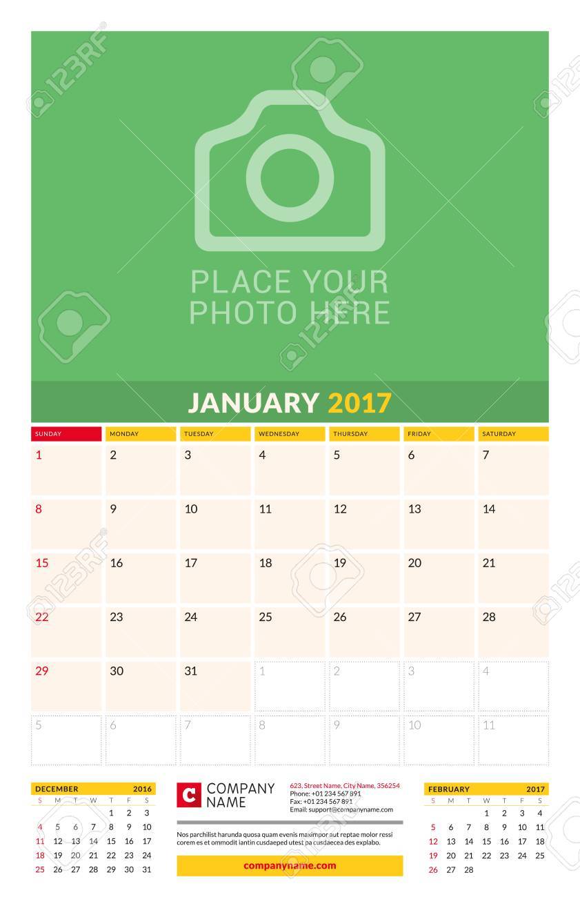 january 2017 wall monthly calendar for 2017 year vector design