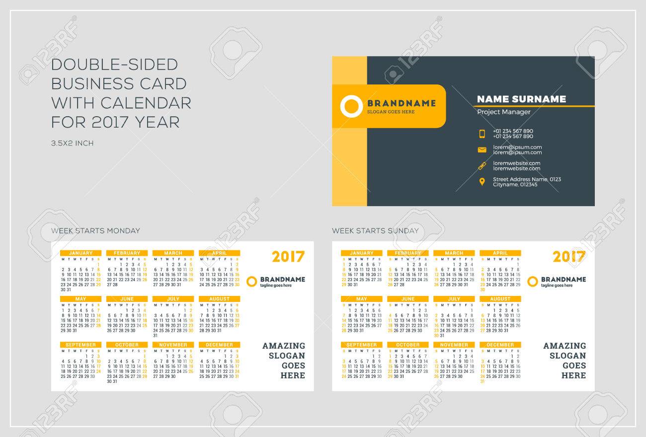 Double-sided Business Card Template With Calendar For 2017 Year. Week  Starts Monday. Week Starts Sunday. Landscape Orientation. Vector  Illustration Royalty Free SVG, Cliparts, Vectors, and Stock Illustration.  Image 60198040.