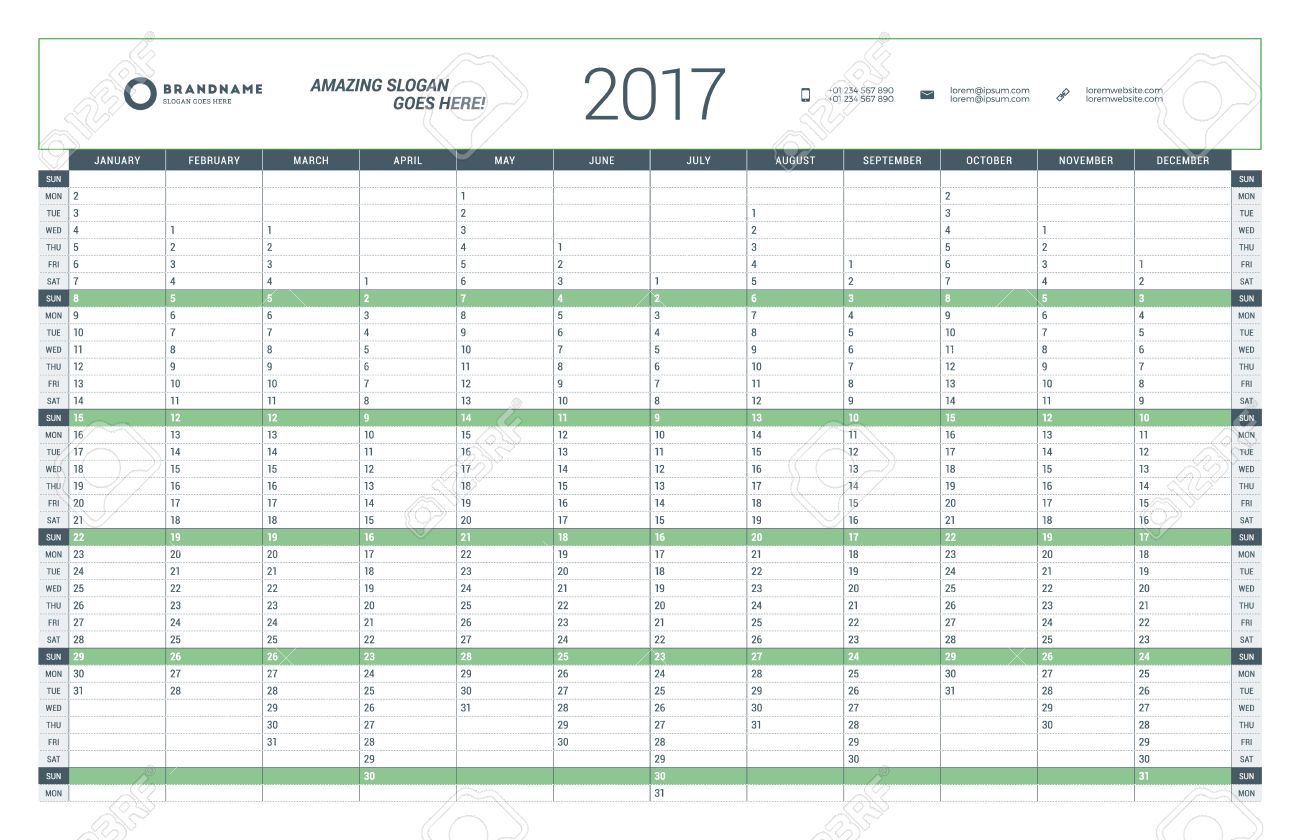 yearly calendar planner template for 2017 year vector design