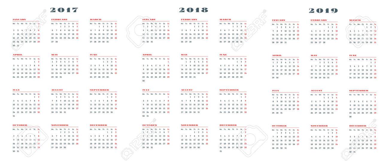 set of calendars for 2017 2018 2019 years week starts monday