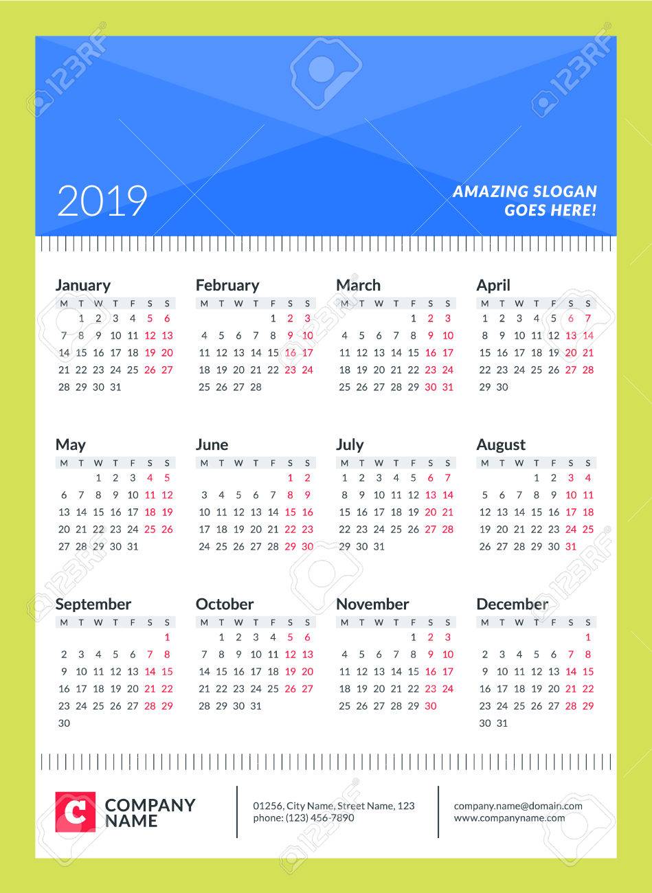 19 年のカレンダー ポスター 週は月曜日に始まります ページは 12 ヵ月 写真と会社の情報を持つベクトル デザイン印刷テンプレートのイラスト素材 ベクタ Image