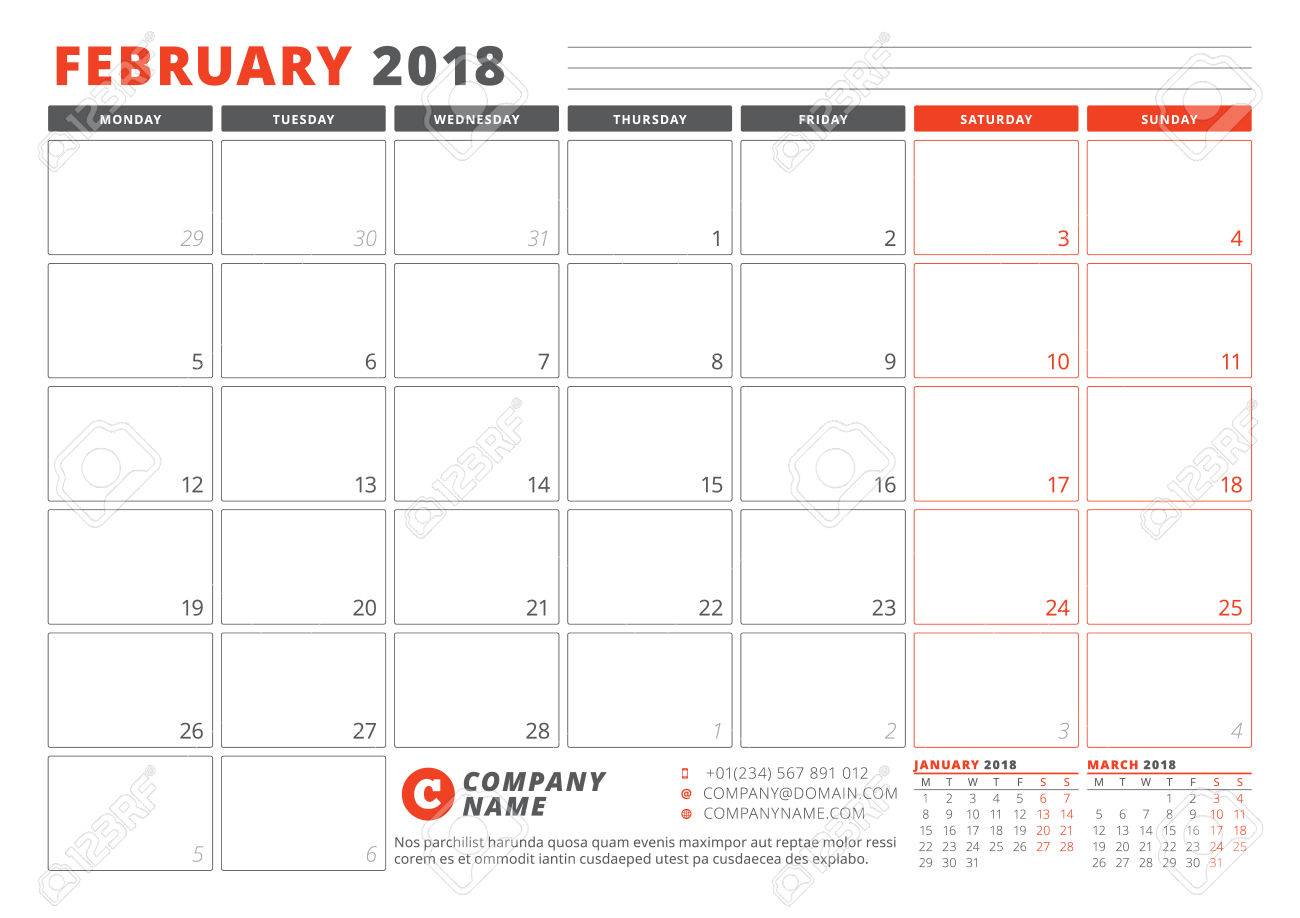 plantilla del calendario para el año 2018 febrero planificador
