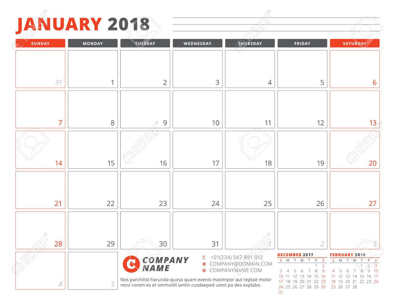 calendar planner template for january 2018 week starts on sunday the calendar planner
