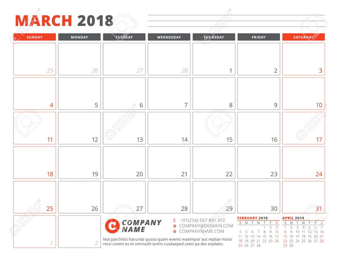 18 年 3 月のカレンダー プランナー テンプレートです ページのベクター グラフィック 3 月日曜日週の開始します のイラスト素材 ベクタ Image