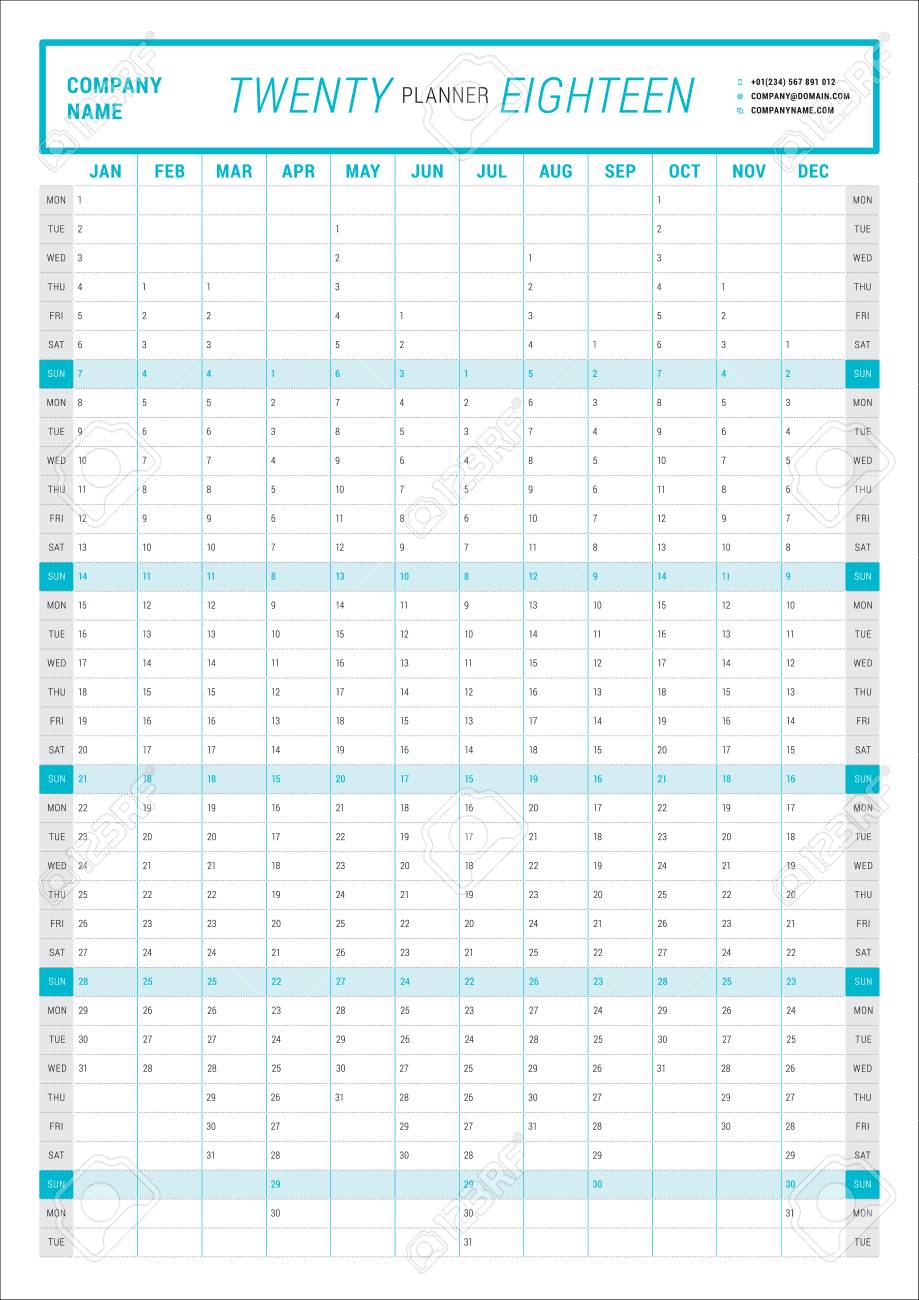 yearly wall calendar planner template for 2018 year vector design