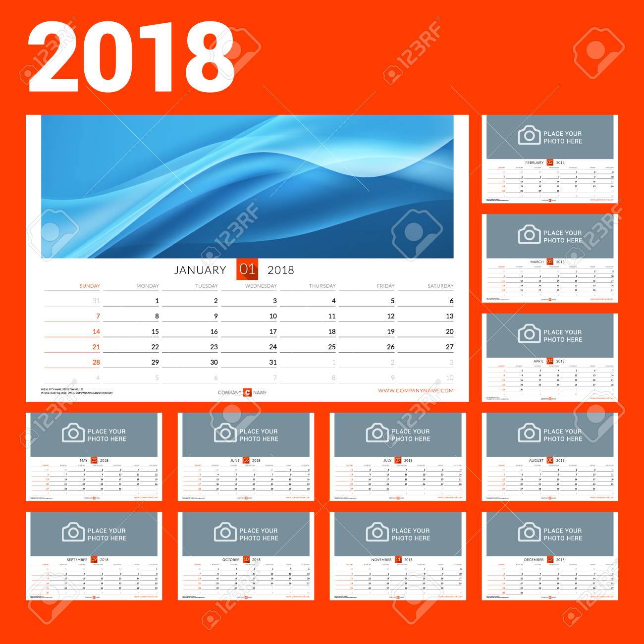 wall calendar template for 2018 year vector illustration set wall calendar template