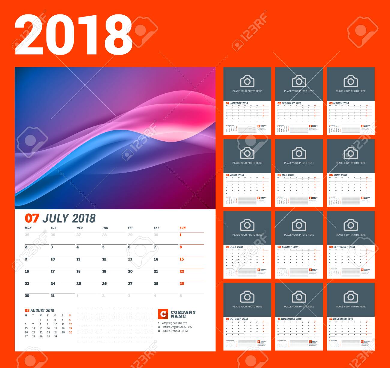 wall calendar template for 2018 year vector illustration set wall calendar template