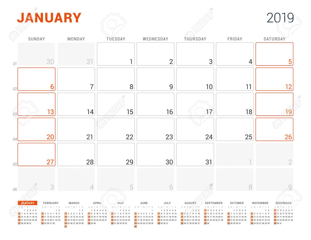 january 2019 calendar planner for 2019 year vector design print weekly calendar templates 2019