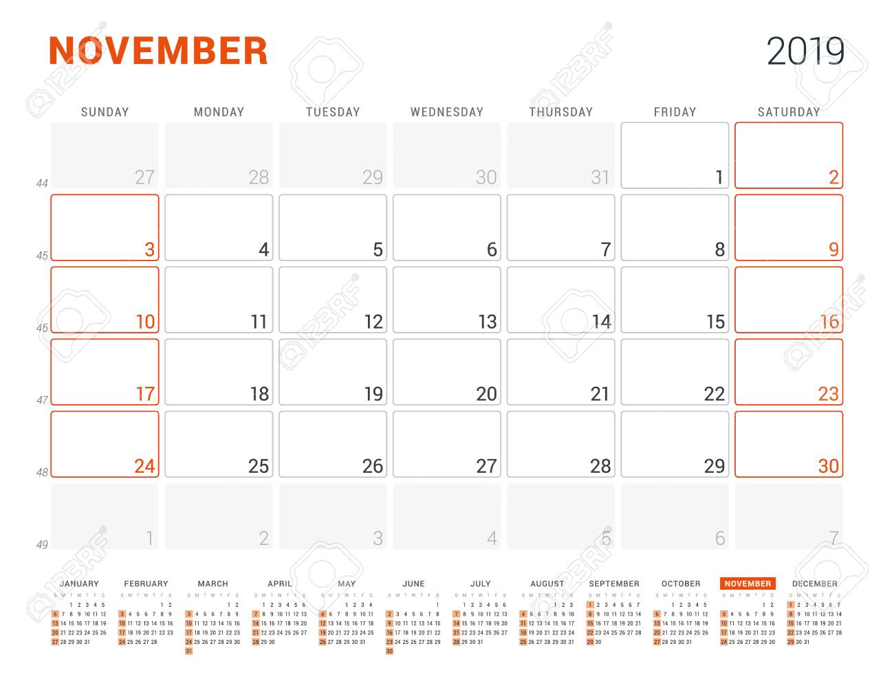 november 2019 calendar planner for 2019 year vector design november 2019 calendar clipart
