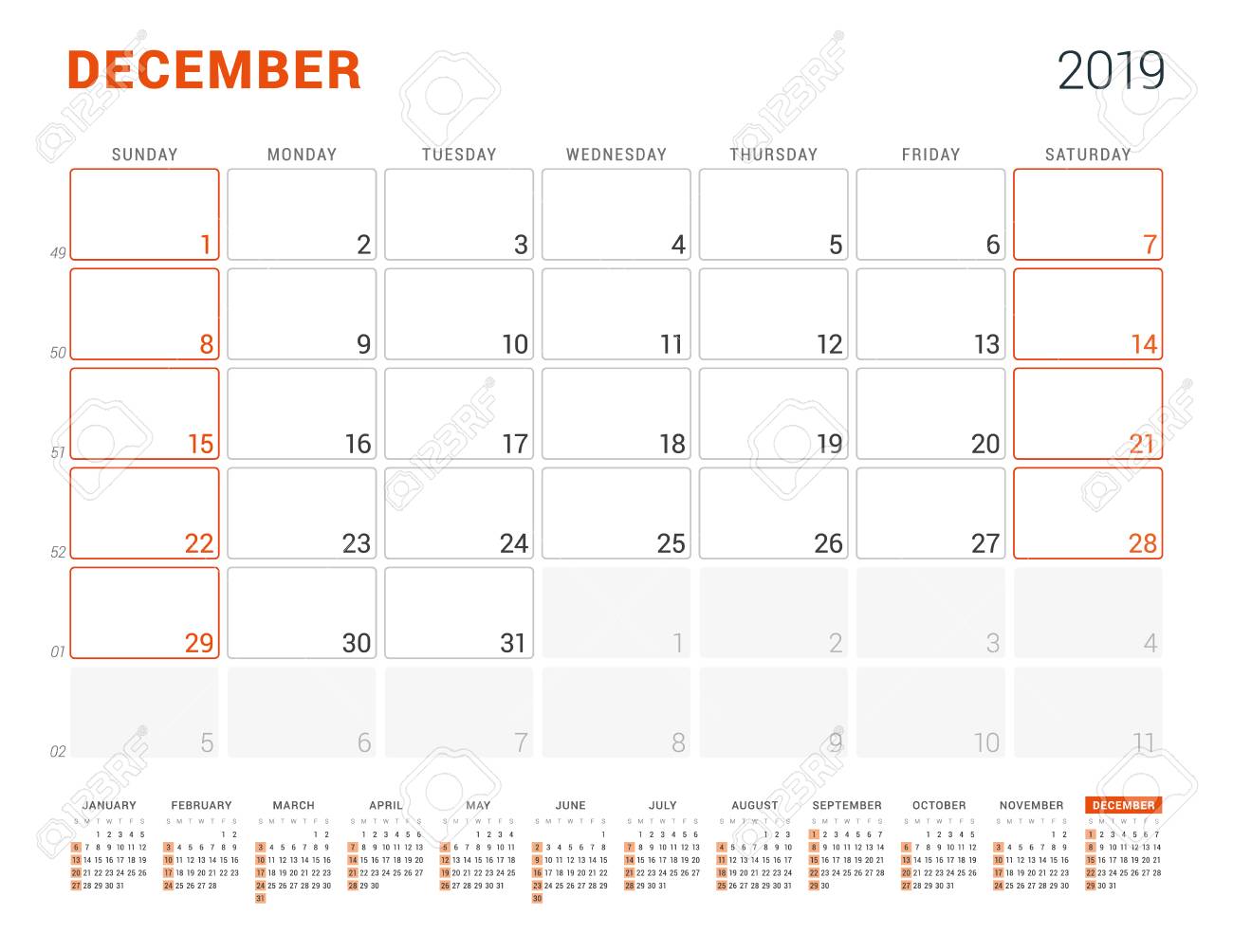 19年12月 19年のカレンダープランナー ベクターデザイン印刷テンプレート 週は日曜日に始まります のイラスト素材 ベクタ Image