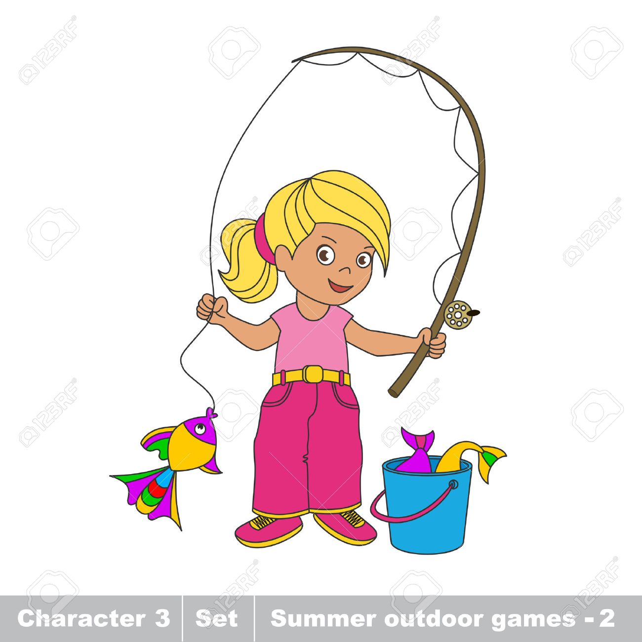 Un Bebe De Dessin Anime Pecheur Fille Attraper Des Poissons A L Aide Pecheur Jeu De L Ete Kid Pour Les Enfants Clip Art Libres De Droits Vecteurs Et Illustration Image