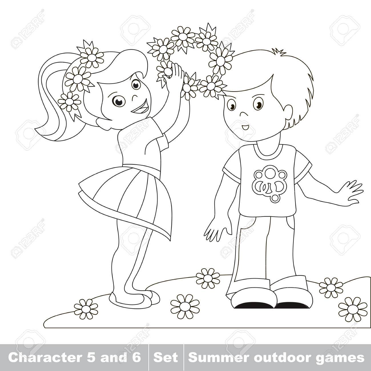 ページの色をします 小さな女の赤ちゃんは 花の彼氏花輪花輪を着ています 2 人の子供森の中を歩きます 公園で子供たちの夏の遊び 子供の夏の屋外の 趣味ゲーム 子供たちは夏のゲームです のイラスト素材 ベクタ Image