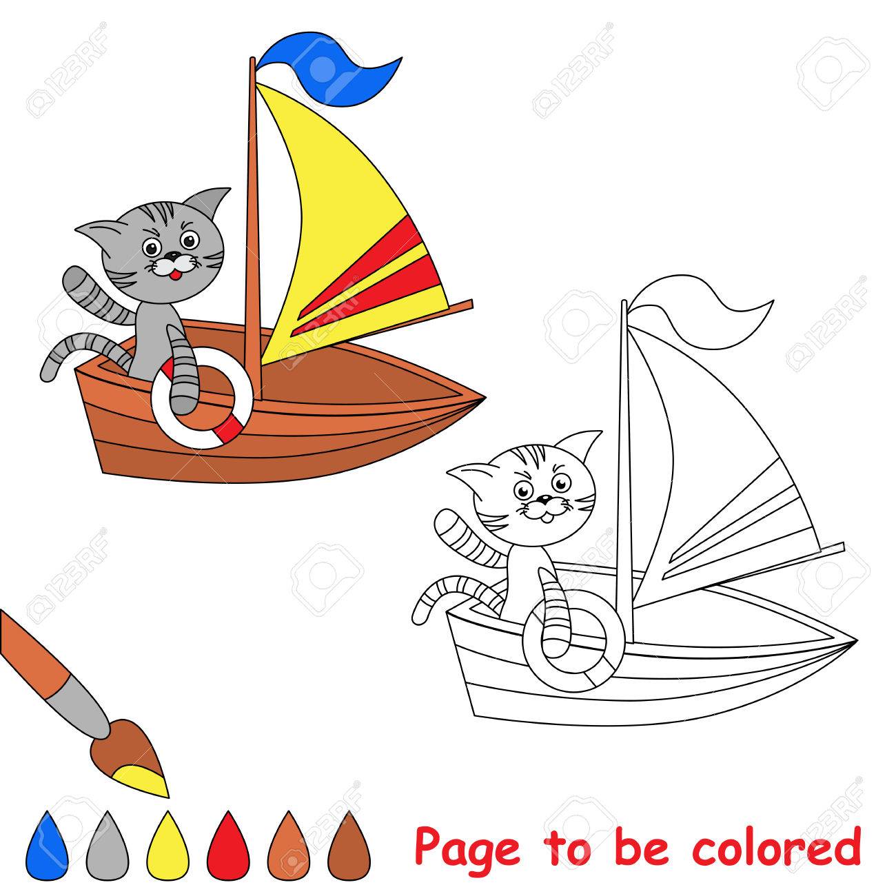 色を指定するページです ボートに乗っておもちゃの猫 子供のための塗り絵 のイラスト素材 ベクタ Image