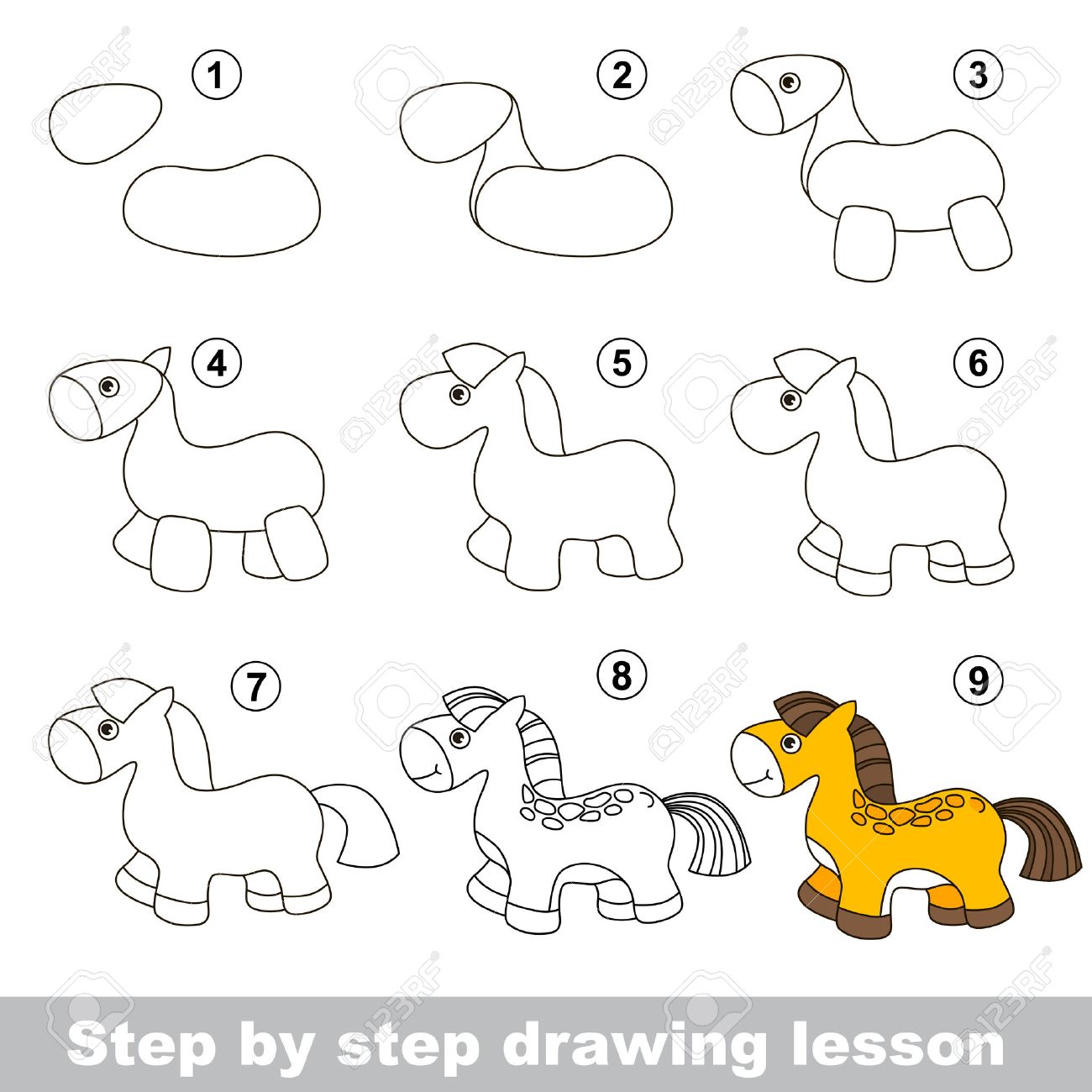 ステップバイ ステップの描画のチュートリアルです ベクターの子供のゲーム 馬の描き方 のイラスト素材 ベクタ Image