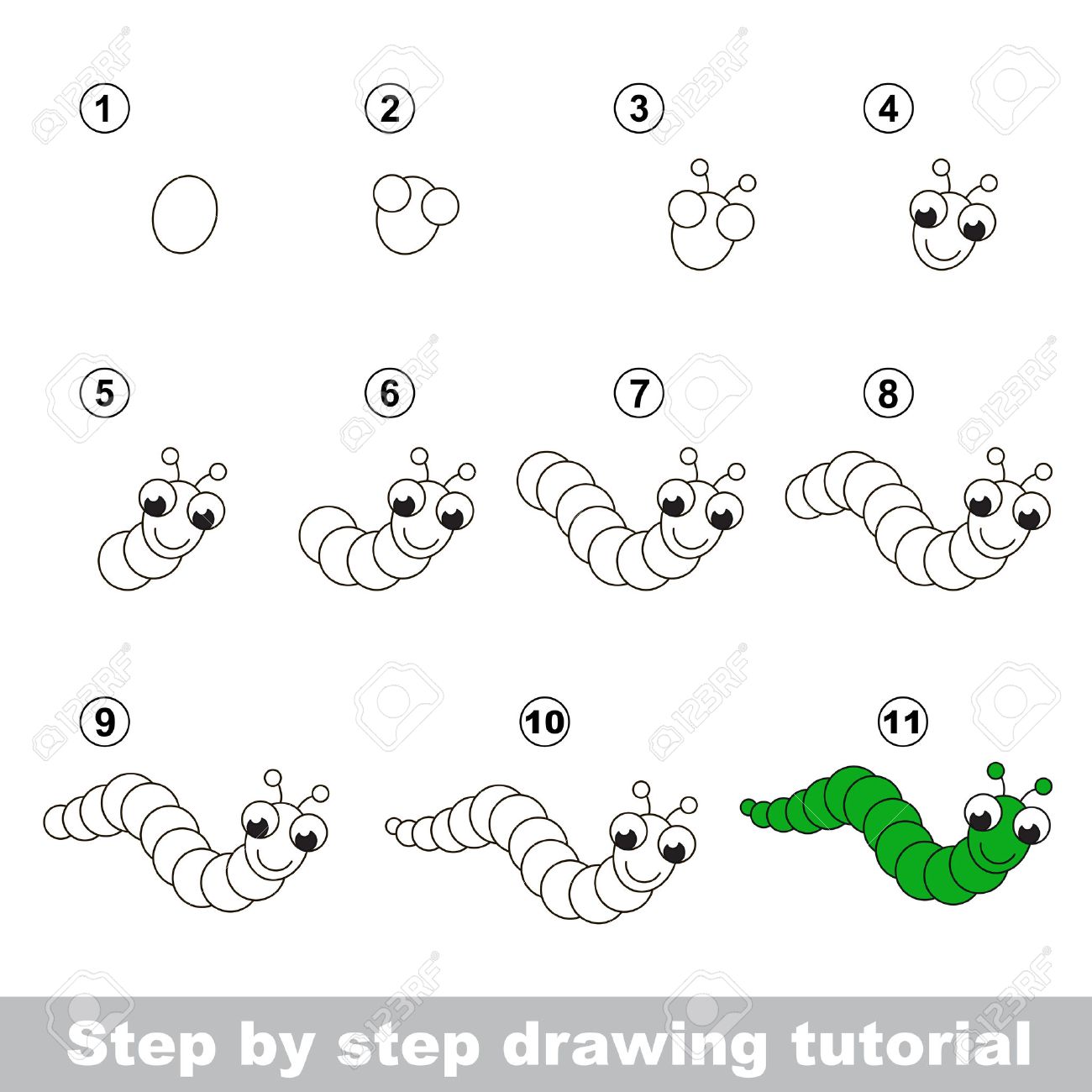ステップバイ ステップの描画のチュートリアルです 視覚的なゲームの子供のため 面白いイモムシを描画する方法のイラスト素材 ベクタ Image ステップバイ ステップの描画のチュートリアルです 視覚的なゲームの子供のため 面白いイモムシを描画する方法のイラスト素材 ベクタ Image